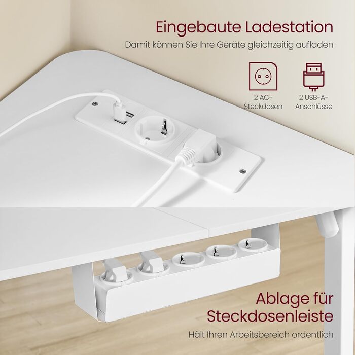 Електричний письмовий стіл з регульованою висотою, L-подібний кутовий стіл, 140 x 160 см, із зарядною станцією, функція пам&39яті з 2 висотами, для домашнього офісу, хмарно-білий-матово-білий LSD264W01 хмарно-білий матово-білий