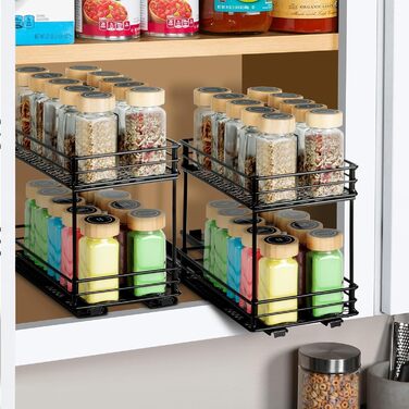 Розсувна підставка для спецій Cozary - подвійний органайзер для спецій - підставка для спецій з шухлядою та вентиляцією, органайзер для кухонної шафи, 2 варіанти кріплення (26 * 15 * 21,8 см)