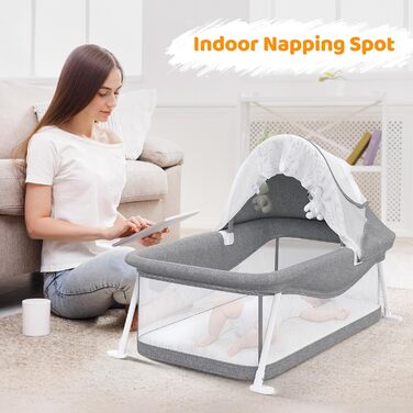 Дитяче ліжечко-дорожнє, підходить для дітей віком від 0 до 5 місяців, портативний намет-ліжечко, складається в маленький розмір, оснащений москітною сіткою та іграшками, зона лежання 80 x 40 см (сіра)