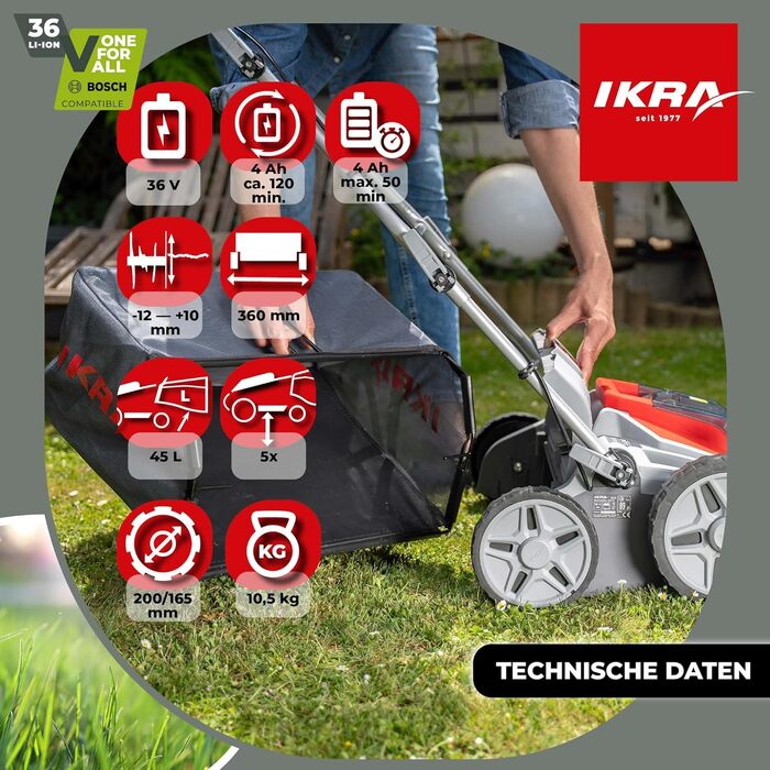 В-1 Аератор-Вертикуттер-Скарифікатор 36В IB-SR 36, мішок для збору трави 45л, ширина захвату 36см, без акумулятора та зарядного пристрою, сумісний з Bosch, 3-