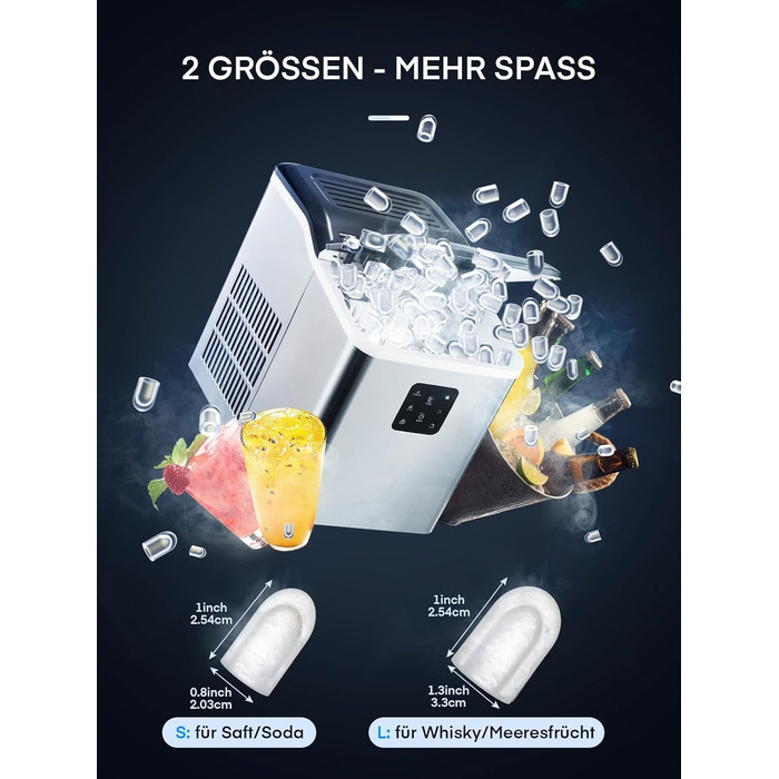 Переможець тесту машини для кубиків льоду 14 кг Льодогенератор Самоочисний льодогенератор, 2 розміри кубиків льоду, час виробництва 6 хв, тиха машина для приготування кубиків льоду до 40 дБ, інфрачервоний датчик, нержавіюча сталь, NORTHCLAN