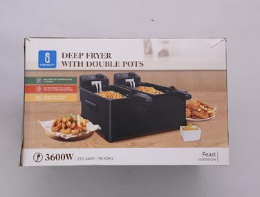 Велика подвійна фритюрниця Aigostar з 2 кошиками, 6-літрова фритюрниця з функцією холодної зони, 3600 Вт, оглядове вікно, регульований рівень нагріву до 190C, міцна та проста в догляді, чорна