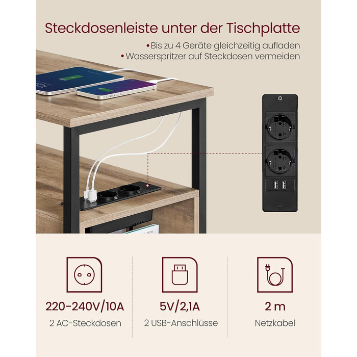 Приліжковий столик VASAGLE з подовжувачем, 2 шухляди, диван-столик, тумбочка для вітальні, спальні, колір верблюжого коричневого кольору - чорнильний LET325K01 1 колір верблюжого коричневого кольору чорнильний чорний