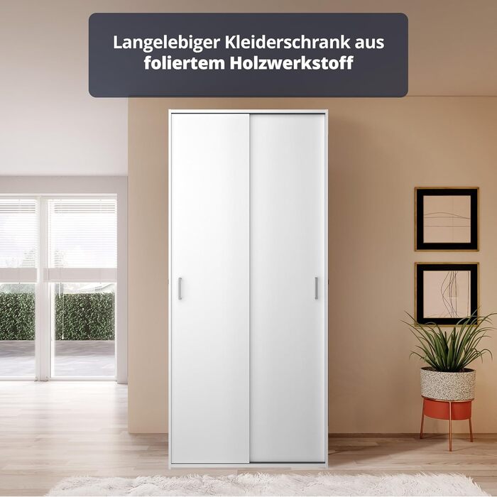 Шафа KHG, біла, 2-дверна шафа з розсувними дверима та 1 рейкою для одягу, 2 полицями, штанговими ручками, позачасова шафа з розсувними дверима, 2-дверна