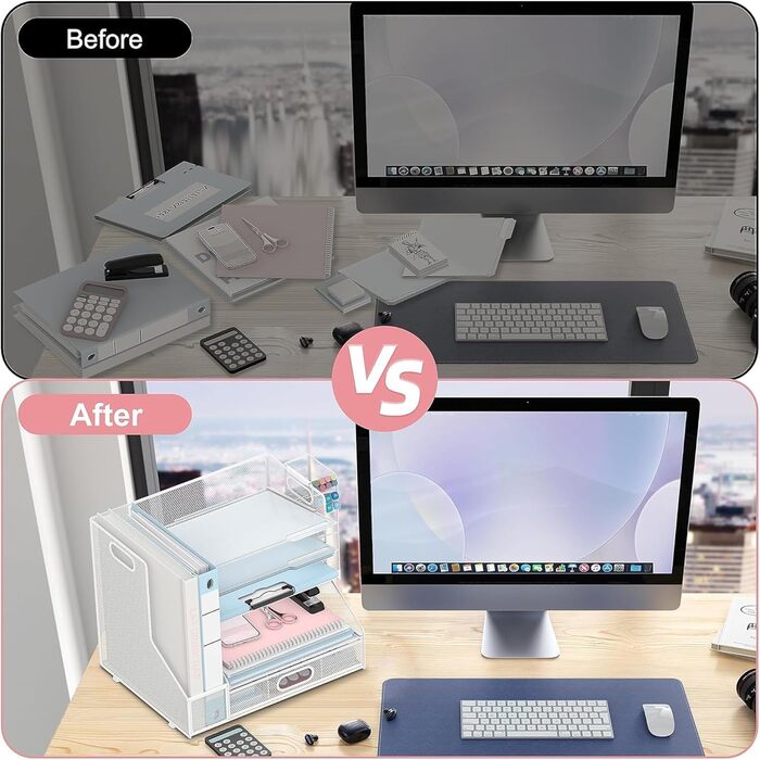 Органайзер для робочого столу з тримачами для файлів, 5-ярусний сітчастий лоток для паперу з тримачем для ручок та шухлядою для канцелярського приладдя, білий