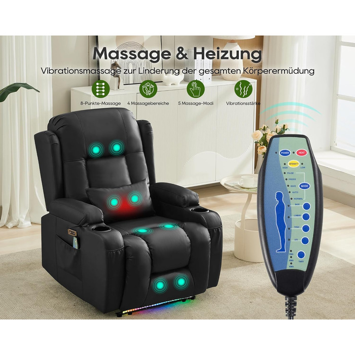 Крісло для телевізора з розкладним підйомником, масажне крісло з електрорегулюванням, функцією відкидання та підставкою для ніг, крісло для телевізора зі штучної шкіри з функцією підігріву, крісло для кінотеатру зі світлодіодним підсвічуванням/USB для віт