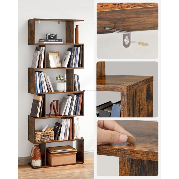 Книжкова полиця VASAGLE, 6-ярусна, 24 x 70 x 191,6 см, Окремостояча полиця, Офічна полиця, Декоративна полиця, Для демонстрації, Сучасна, Для Вітальні, Спальні, Офісу, Вінтажний Коричневий LBC61BX 6 Ярусів (70 x 24 x 191,6 см) Вінтажний Коричневий