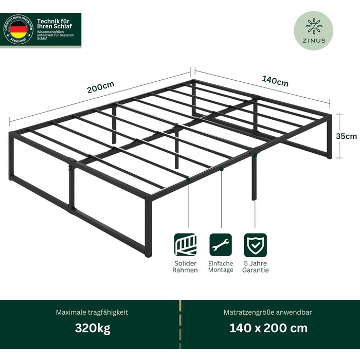 Каркас ліжка Zinus Lorelai 140x200 см - Металеве ліжко 140x200 з металевою рейковою основою - Платформа заввишки 33,5 см з простором під нею - Пружинний матрац не потрібен - Легке складання - Чорний 140 x 200 см 36 см