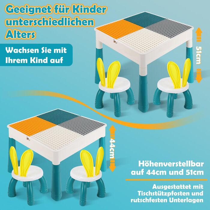 Дитячий стіл з 2 стільцями, ігровий стіл для дітей з 251 будівельним блоком, багатофункціональний ігровий стіл для дітей віком від 2 років з місцем для зберігання, креативний ігровий стіл з будівельних блоків, набір будівельних блоків 5551 см