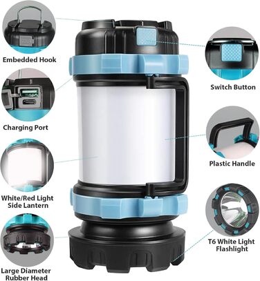Акумуляторний світлодіодний кемпінговий ліхтар, суперяскраві портативні кемпінгові ліхтарі з гачком, регульована яскравість, кемпінговий ліхтар USB-C для походів, використання на свіжому повітрі, надзвичайних ситуацій, відключення електроенергії ()