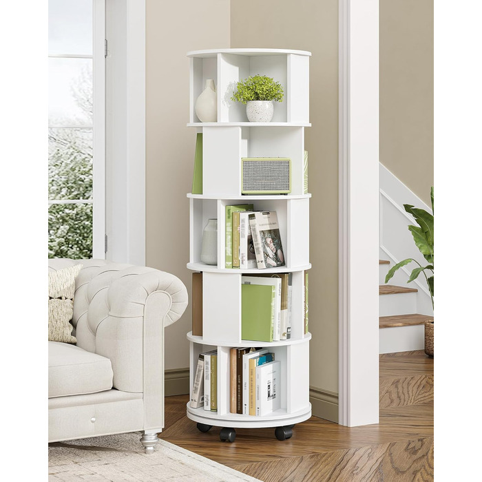 Книжкова полиця Hzuaneri, поворотна на 360, 5-рівнева вертикальна полиця для зберігання, сучасна окремостояча полиця, декоративна полиця на колесах, для вітальні, кабінету, офісу, 45 x 45 x 161,5 см, біла BC54003X