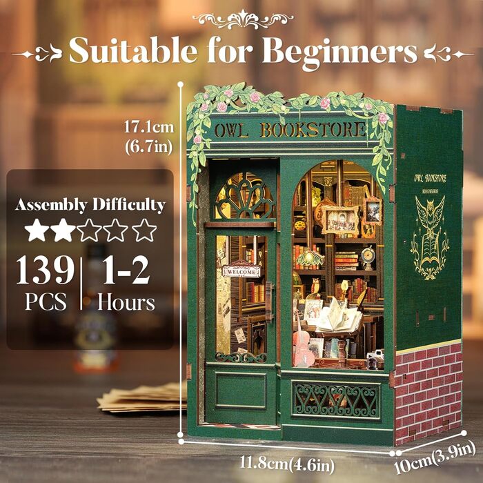 Набір для створення книжкового куточка CUTEBEE - Будиночки для ляльок своїми руками, мініатюрний набір для дорослих зі світлодіодним підсвічуванням, 3D-пазлом та підставкою для книг Креативний набір для декору книжкової полиці (Книгарня Owl)