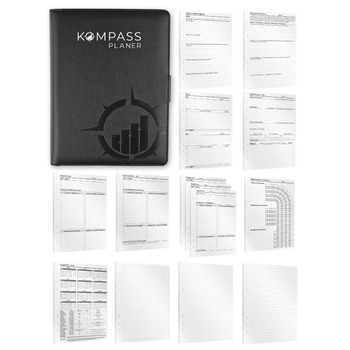 Папка-реєстратор KOMPASS A5 з кільцями, що замінюється, Стартовий набір, включаючи 309 вставок Папка-реєстратор успіху A5 Планувальник справ, щотижневий планувальник, планувальник зустрічей, календар, журнал Bullet, трекер звичок, чорний стартовий набір