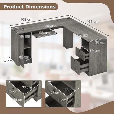 Комп&39ютерний стіл GIANTEX L-подібної форми з вбудованою зарядною станцією, кутовий стіл з підставкою для клавіатури та висувними шухлядами, офісний стіл для 2 осіб з шафою для зберігання та регульованою полицею (сірий)