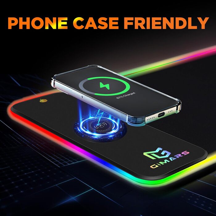 Килимок для миші Gimars Upgrade Gaming RGB, бездротова швидка зарядка 15 Вт, 800x300x5 мм, XXL килимок для миші з 10 кольорами світлодіодного підсвічування, великий світлодіодний килимок для миші, ігровий аксесуар з гладкою поверхнею, нековзна гумова осно