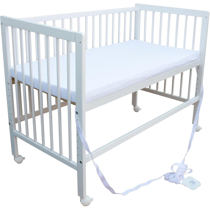 Дитяче ліжко - тумбочка - ліжко-трансформер 120x60 см з ременем, колесами та матрацом (біле з матрацом)