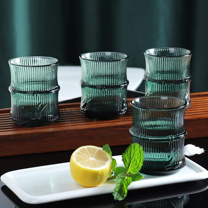 Набір Joeyan з 4 шт. абельованих склянок для пиття бамбукової форми - 260 мл тиснені скляні стакани вінтажні зелені креативні скля