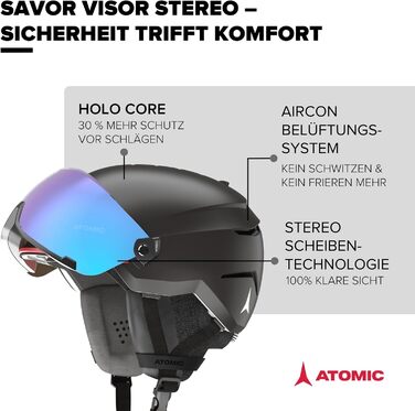 Лижний шолом Atomic Savor Visor Stereo з козирком - Шолом для сноуборду та лиж з окулярами - Система 360 Fit та активна система вентиляції Aircon - Holo Core для максимальної амортизації 59-63 Чорний