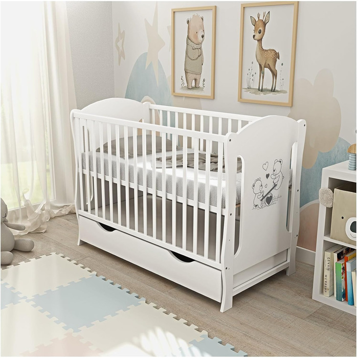 Дитяче ліжечко Baby Delux 60x120 біле ліжечко, що трансформується в дитяче ліжко з висувною шухлядою матрац плюшевий відбійник мот