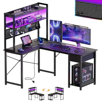 Письмовий стіл з перфорованою дошкою 135 x 90 см Кутовий стіл з полицею Великий ігровий стіл з розетками та портом USB для зарядки Ігровий стіл L-подібної форми з місцем для зберігання Чорний 135 x 90 x 152 см Чорний