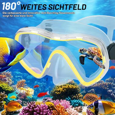 Набір для дорослого підводного плавання, 7 предметів спорядження для підводного плавання з маскою проти запотівання, ластами, сухою трубкою, водонепроникним чохлом для телефону, берушами та сумкою для перенесення, жовтий, S/M