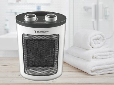 Керамічний вентилятор-обігрівач BEPER RI.080, сучасний дизайн, компактний, економний, регульований термостат, два рівні потужності, захист від перегріву, з ручкою, керамічний, PTC вентилятор-обігрівач, білий/чорний