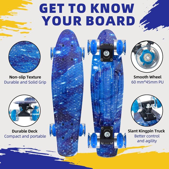 Скейтборди Nattork 22-дюймовий міні-круїзер фіолетовий скейтборд у комплекті ретро скейтборди з барвистими підсвічуванням PU колеса для дітей, дівчаток, хлопчиків, початківців, Blauer Stern