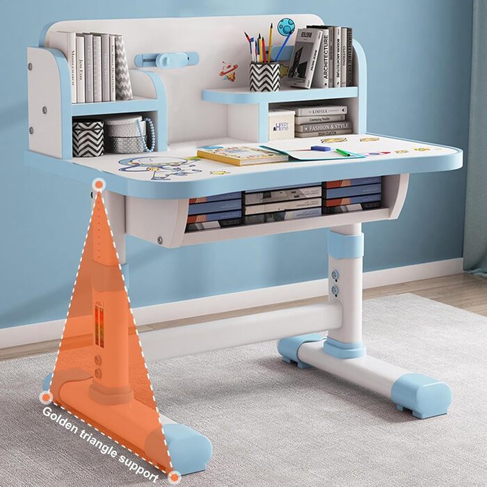 Дитячий комплект столу та стільця, регульована висота, ергономічний дитячий стіл для малювання, художній стіл для дітей з великою дошкою для письма, книжковою полицею та