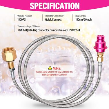 Шланг високого тиску Fioay CO2 Quick-Adapter 1,5 м, CO2 Quick-Connect, сумісний з Duo/Terra/Art/E-Duo/Crystal 3.0/Gaia Soda, W21.8-14 (DIN 477) для більшого бака CO2, F-QC-H