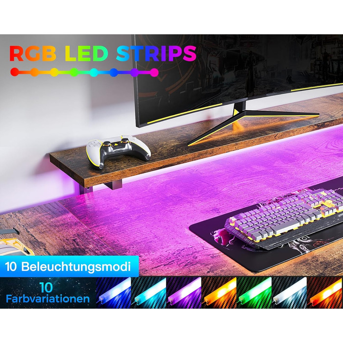 Кутовий стіл ODK з 4 шухлядами та місцем для зберігання, двосторонній кутовий стіл 167102 см з 2 розетками та 2 портами зарядки USB, ігровий стіл зі світлодіодним освітленням та підставкою для монітора для домашнього офісу, вінтажний коричневий