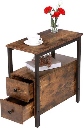 Приставний столик HOOBRO, вузька тумбочка, індустріальний столик-диван, тумбочка з 2 шухлядами, тумбочка біля ліжка/журнальний столик для невеликих приміщень, акцентні меблі під дерево, темно-коричневий EBF548BZ01G2