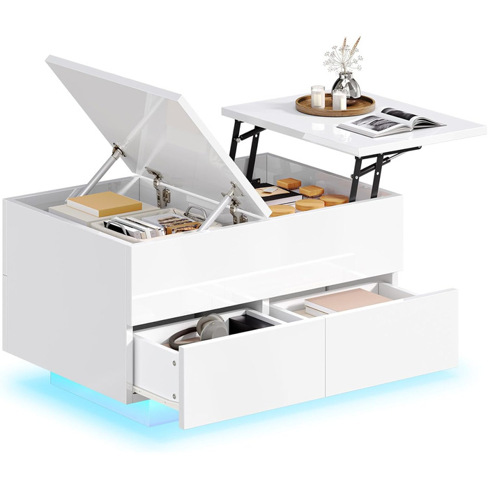 Журнальний столик з регульованою висотою та 4 шухлядами, глянцевий стіл для вітальні зі світлодіодним підсвічуванням, журнальний столик з місцем для зберігання, білий, 80x55x46 см