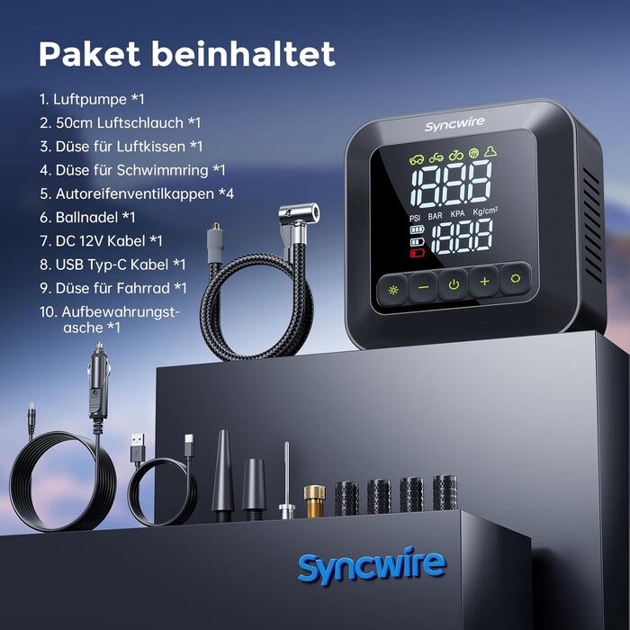 Портативний повітряний компресор Syncwire Air Pump 10,35 бар Насос для шин у 3 рази швидший Електричний повітряний насос Автомобільний насос для автомобільних шин Автомобільний насос для кількох режимів, з кришками клапанів для автомобільної шини, дуже ве