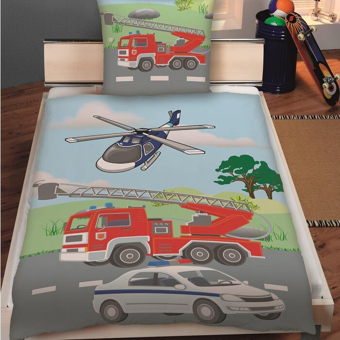 Дитяча постільна білизна Familando з мотивом поліцейської пожежної бригади з 100 бавовни - постільна білизна з двостороннім мотиво