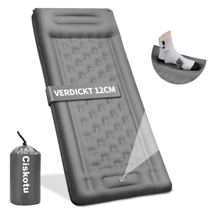 Самонадувальний килимок для сну, надувний матрац 12 см з ножним насосом, надлегкий для кемпінгу на свіжому повітрі, невеликий розмір у упаковці, сірий килимок/матрац для сну