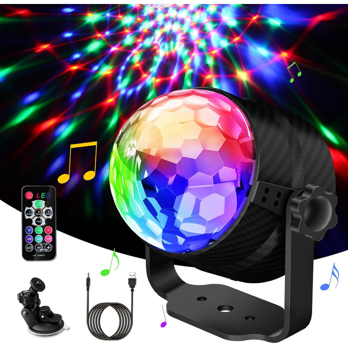 Диско-куля, диско-світло, що обертається на 360°, світлодіодна лампа для вечірки з музичною активацією, диско-світло з пультом дистанційного керування, динамічні світлові ефекти RGB потужністю 3 Вт, USB-кабель 4 м / 13 футів для вечірок, дому, Різдва, діт