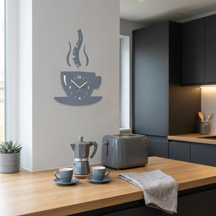 Настінний годинник FLEXISTYLE Time for Coffee для сучасної кухні, сірий, 3D римські цифри, декор для стін, 32 x 19 см