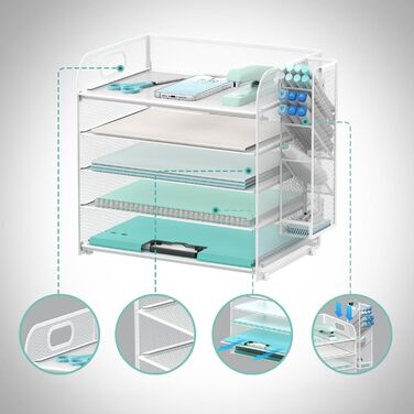 Рівневий органайзер для столу з ручкою та знімними тримачами для ручок, сітчастий органайзер для паперу/файлів на столі, лоток для листів та канцелярського приладдя (білий) Білий 1, 5-