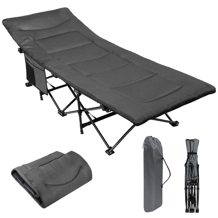 Ліжко для кемпінгу ALPIDEX, похідне ліжко до 200 кг, бічна кишеня, зручне, з м&39якою підкладкою, складне, розкладне гостьове ліжко, шезлонг, кемпінг, сад, сірий
