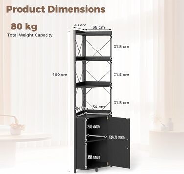 Кутова стелажна тумба GIANTEX з шафою та 6 полицями, кутова шафа заввишки 180 см з 5-ярусними регульованими полицями, окремостояча кутова вітрина з дверима, полиця для зберігання в індустріальному стилі (чорна)