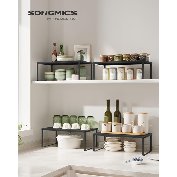 Стійка для спецій, Набір з 2, Кухонна полиця, Кухонний органайзер, Кухня, Тримач для спецій, Розширюваний, Штабелюється, Маленька полиця, Метал, Чорний колір KCS401B01 40 см Чорний колір