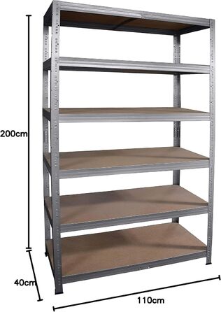 Професійний надміцний стелаж, оцинкований/металевий стелаж з 6 полицями, вантажопідйомність 166 кг кожна/металевий стелаж для підвалу, гаражний стелаж, стелаж для майстерні або стелаж для зберігання/навісний стелаж, металевий, В 200см / Ш 110см / Г 40см, 
