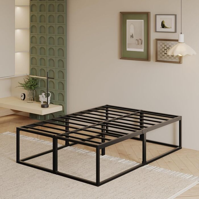 Двоспальне ліжко заввишки 46 см 120x200 см, міцне металеве ліжко зі сталевими ґратчастими опорами, великий простір для зберігання під каркасом ліжка, безшумне, легке складання, чорний колір 120 x 200 см