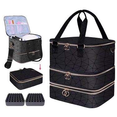 Футляр для зберігання лаку для нігтів на 84 пляшечки та 1 світлодіодну лампу для нігтів, сумка-органайзер для макіяжу, косметичка для аксесуарів для дизайну нігтів, органайзер для лаку для нігтів (чорний) чорно-сірий