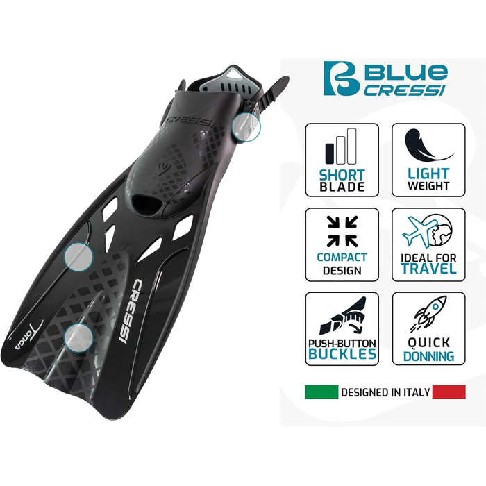 Ласти CRESSI Tonga/Комплект - Легкі регульовані короткі ласти або комплект коротких ласт повнолицьова маска Baron із широким полем зору, ідеально підходять для підводного плавання, плавання, короткі ласти для дорослих, чорний/чорний, L/XL (42/47)