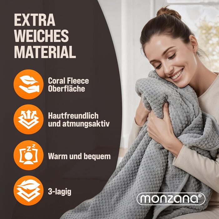 Ковдра/підковдра з підігрівом Monzana 160x140 см, таймер, кораловий фліс, 2x60 Вт, сірий, подвійна ковдра з підігрівом, захист від перегріву, можна прати, сірий колір, 160 x 140 см