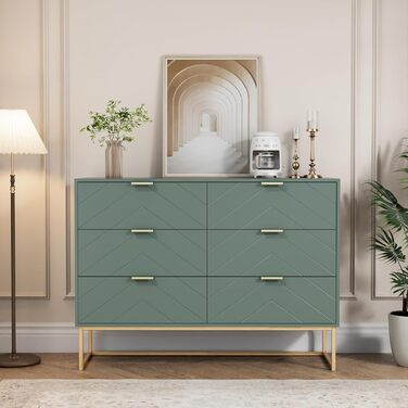 Комод UEV з 6 шухлядами, дерев&39яна шафа з механізмом проти перекидання та металевими ніжками, висока тумба/сервант, вузька комод/бічна шафа для вітальні, спальні, коридору, 100x34x73,5 см, зелений, 34 Г x 100 Ш x 73,5 В см (6 шухляд)