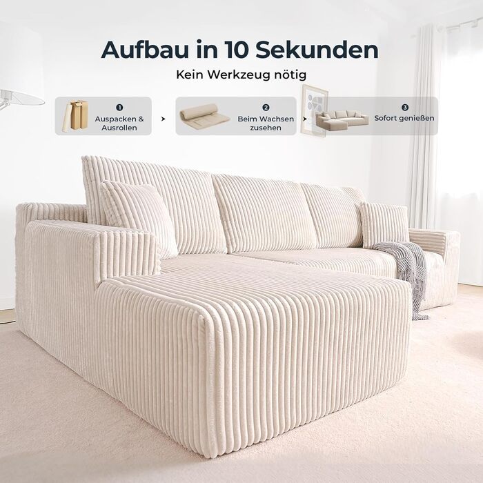 Кутовий диван Cloud, L-подібний модульний кутовий диван з глибоким сидінням, диван без опорних стійок для вітальні та спальні, кремова вельветова оббивка, лівий шезлонг бежевого кольору, 105&39