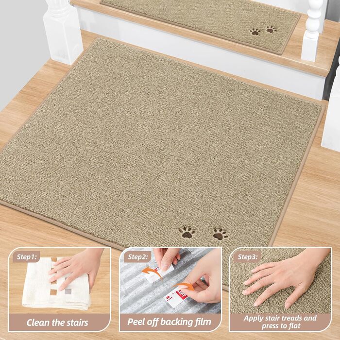 Килимок для сходів BEQHAUSE - Нековзні сходинки, Підходить для дерев&39яних сходинок, Можна прати в пральній машині, М&39який поліестер, Килимок для сходів, 76,2 x 76,2 см, Бежевий 76 x 76 см (Квадратний) Бежевий - Відбиток собачої лапи 1