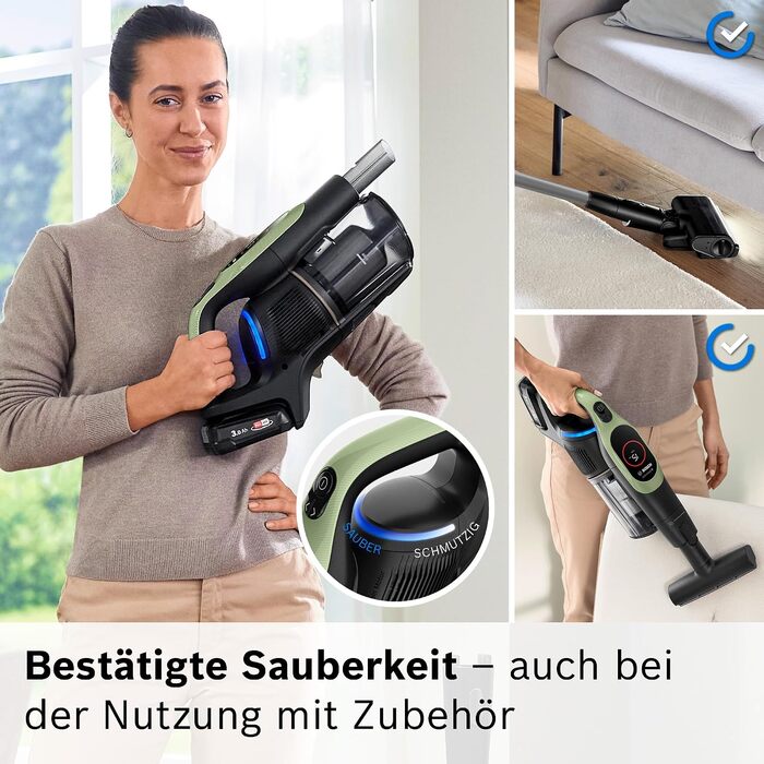 Акумуляторний пилосос Bosch Unlimited 9 BBS921TBA, бездротовий, MicroClean Technology, дисплей, компресія пилу, HEPA-фільтр, 10 років гарантії на двигун, змінний акумулятор, LED-підсвітка, щілина для вузьких місць, зелений